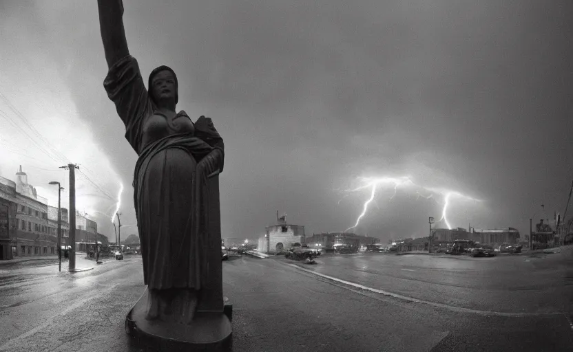 Image similar to 40s movie still of a sovietic street with a big statue of Lenine , Cinestill 800t 18mm, heavy grainy picture, very detailed, high quality, 4k panoramic, HD criterion, dramatic lightning, rain, mud, foggy