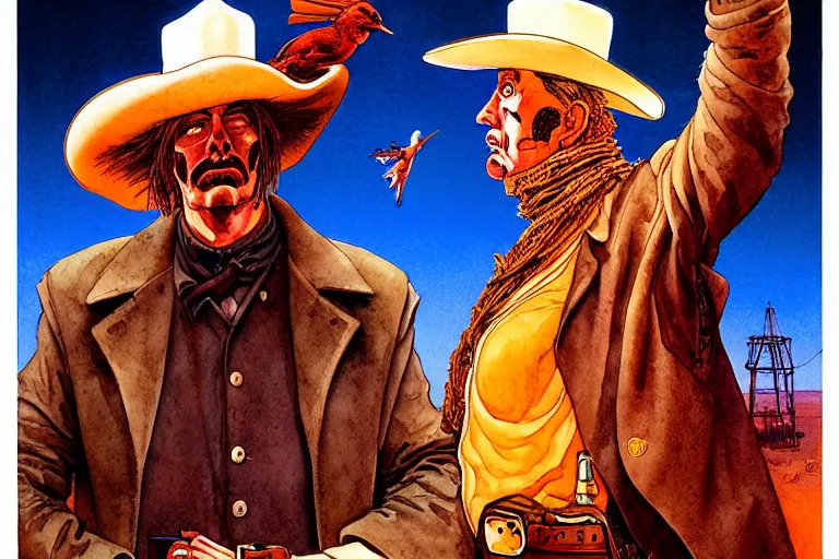 Image similar to a hyperrealist watercolour character concept art portrait of a spaghetti western film poster, well lit night in las vegas, nevada. there is a ufo. a robot bird. by rebecca guay, michael kaluta, charles vess and jean moebius giraud