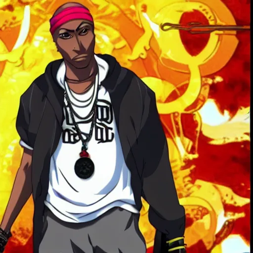 Image similar to Tupac Shakur, screenshot from a 2012s anime