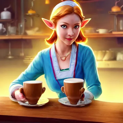 Image similar to Zelda as a cafe waitress pouring coffee into a customer's cup, amazing, beautiful, perfect eyes, full body shot, portrait, vivid colors, elegant, concept art, sharp focus, digital art, Hyper-realistic, 4K, Unreal Engine, Highly Detailed, HD, Dramatic Lighting by Brom, trending on Artstation