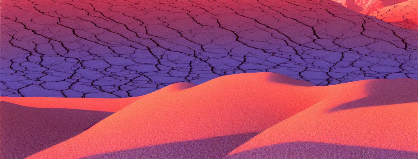 Image similar to a gorgeous desert painting of death valley, separated by streams of shimmering blue sand by barlowe wayne maxfield parrish and marco mazzoni. tree no leaf!!!! china mountain village!! blue and very little light verdancy. the protruding pink clumps of rock. ultra clear detailed. 3 d, octane render. turbulent blood lake.