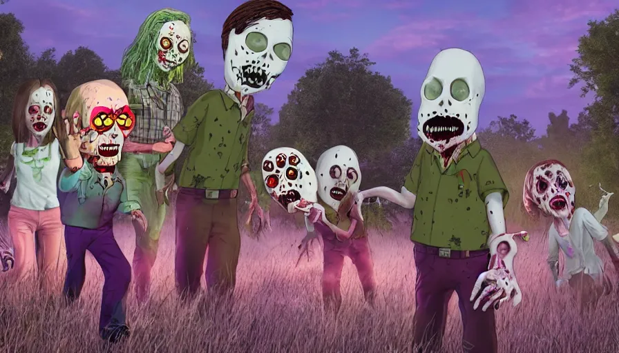 Prompt: night of the living dead by lisa frank's. rotting corpse, zombies, octane render, unreal 5 8 k depth of field, highly - detailed, in the style of family guy