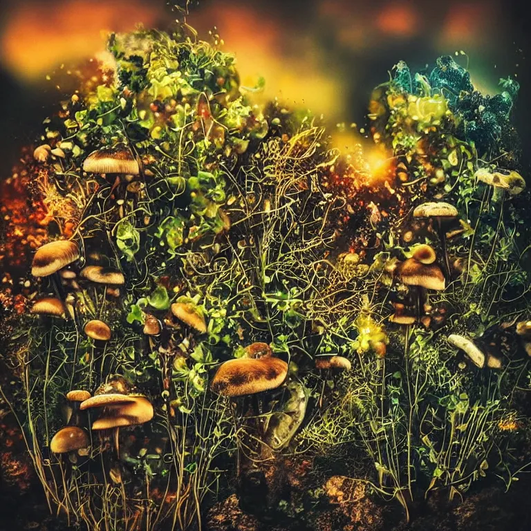 Image similar to double exposure of dally life, symbols of live, explosion, different sprouts and microgreens on mushrooms, cyber mushroom city, mushroom matrix, love is the most relevant theme, 8 k resolution, artistic mode, artistic, trending on instagram, long exposure, love art, serious, fantasy and dreams vibes, mushrooms style and macro style, spring vibes in twilight or sunset lights