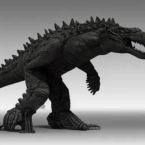 Image similar to hard surface, robotic platform, based on godzilla, 6 claws, symmetric, unreal engine