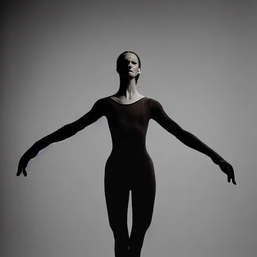 Prompt: cinematic dark photograph of a woman's head and shoulders, ballet pose, with retro futuristic cyborg elements photographed by bill henson