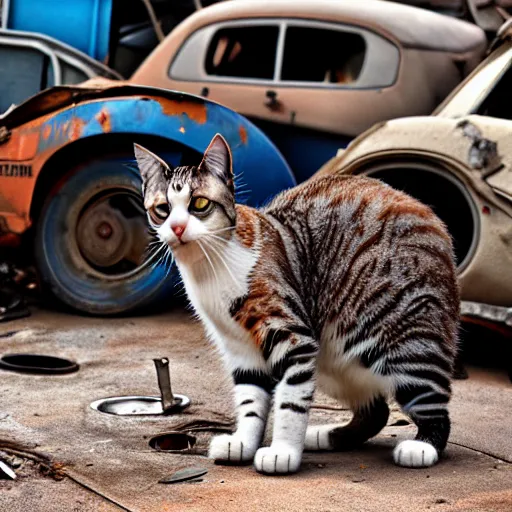 Image similar to donald rumsfeld junk yard cat, photo, detailed, 4 k