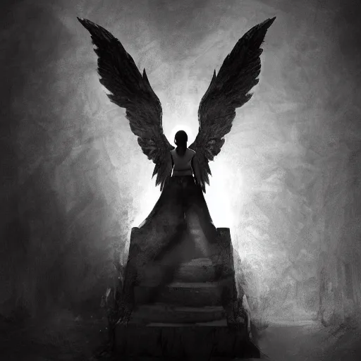 Image similar to charcoal character art, fallen angel crouched down in a pillar of light, wings open, high contrast hd optics, 8 k dop dof, by bastion lecouffe - deharme