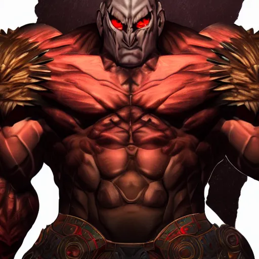 Image similar to a highly detailed character portrait of a muscular man wearing a epic shadow armor with glowing red eyes