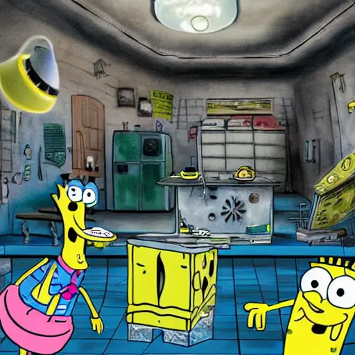 Prompt: spongebob real life in a scary boiler room, ultra realistic photograph
