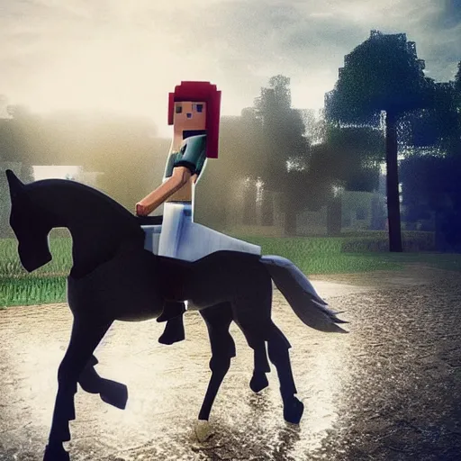 Image similar to cute annie leonhart riding a minecraft horse in minecraft, beautiful face, pale skin, rule of thirds, cinematic lighting, rainy weather, melancholy atmosphere, sharp focus, backlit, stunning, smooth, hard focus, full body shot, instagram photo, shot on sony a 7 iii, hyper realistic