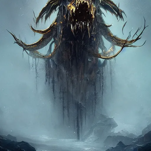 Prompt: a beautiful terrifying monster made out of crystal and gold. ethereal horror fantasy art by greg rutkowski