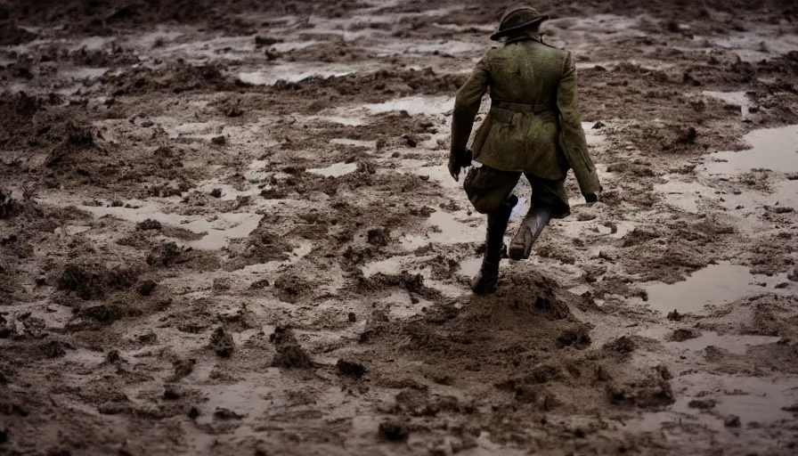 Image similar to screaming World War 1 soldier running away, wartorn landscape, lots of mud puddles and craters, bullets whizzing past camera, dirty lens, cinematic lighting, IMAX close-up of face, cinematography, 35mm