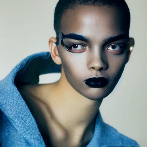 Image similar to realistic! photoshoot for a new balenciaga lookbook, color film photography, portrait of a beautiful woman, woman has creative make-up on, photo in style of tyler mitchell, 35mm
