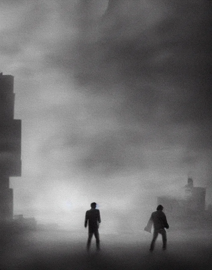 Image similar to very low - resolution found footage of a couple escaping in the city from a starfish kaiju monster, fog, foggy, korean film noir, monochrome, red hue, thriller, underdeveloped, epic, dramatic