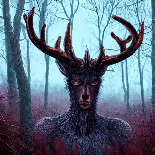 Prompt: “ cryptid wendigo with antlers lurking around a frosted midwestern forest, photorealistic, vibrant, spooky, detailed, hyperrealistic ”