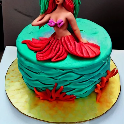 Prompt: angry mermaid themed birthday cake, food photography,