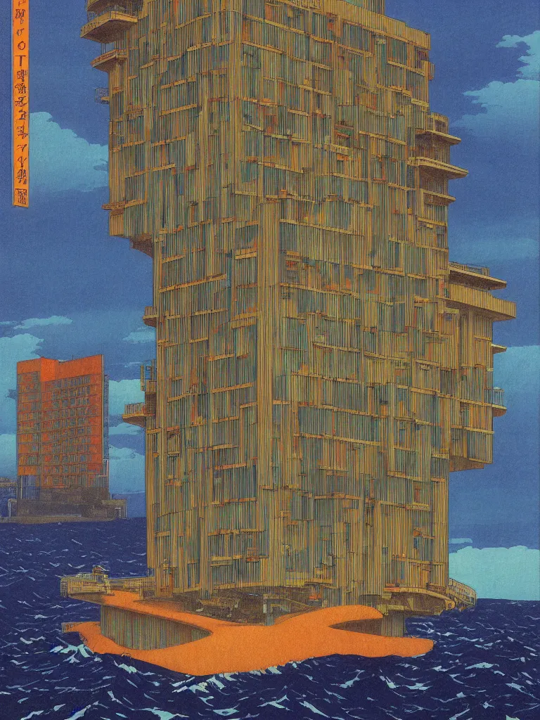 Image similar to a psychedelic hallucination of a brutalist hotel in the stormy ocean, by kawase hasui, moebius, edward hopper, colorful flat surreal design, dramatic lighting, hd, 8 k, artstation