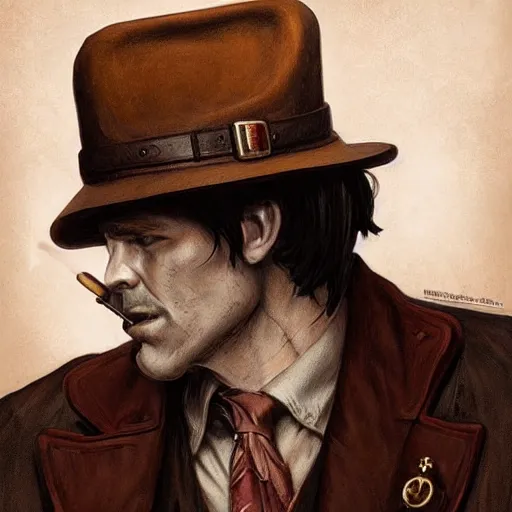 Image similar to dark fantasy character portrait of a 1940s Investigator wearing a brown trenchcoat and fedora smoking a cigar, dystopian mood, intricate, wild, highly detailed, digital painting, artstation, upper body, concept art, smooth, sharp focus, illustration, art by artgerm and greg rutkowski and alphonse mucha