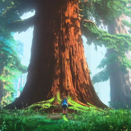 Prompt: Huge redwood tree by Miyazaki Nausicaa Ghibli, breath of the wild style, epic composition Trending on Artstation, octane render, Insanely Detailed, 8k, HD