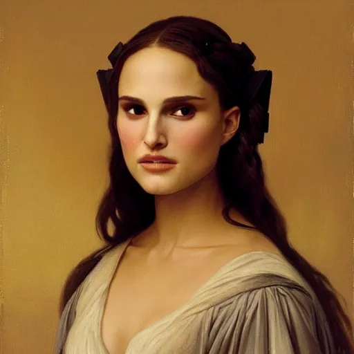 Image similar to Painting of Natalie Portman as Padme Amidala. Art by william adolphe bouguereau. During golden hour. Extremely detailed. Beautiful. 4K. Award winning.