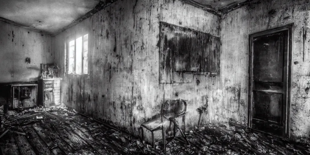 Image similar to a very dark room at night in a derelict house with no windows lit only by candlelight, black and white, grungy