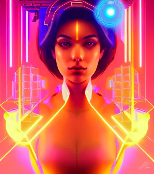 Image similar to symmetry!! latin princess of technology, solid cube of light, hard edges, product render retro - futuristic poster scifi, lasers and neon circuits, beautiful woman latin princess, intricate, elegant, highly detailed, digital painting, artstation, concept art, smooth, sharp focus, illustration, dreamlike, art by artgerm