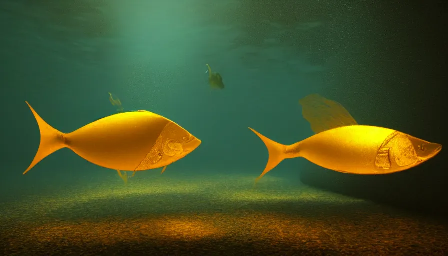 Image similar to a desolate golden glowing fish! swims in magical water with caustics and volumetric lighting, photorealistic painting