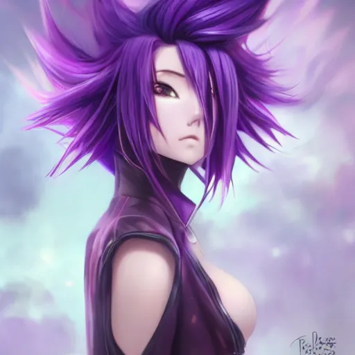 Image similar to beautiful anime woman with purple hair, a ( ( ( ( ( ( ( ( horn on her forehead ) ) ) ) ) ) ) ) ( ( ( purple eyes ) ) ), a purple tuxedo, sharp focus, intricate, cell shaded, award winning photography, cinematic, digital painting, cinematic, wlop, 8 k, by ross tran, tom bagshaw