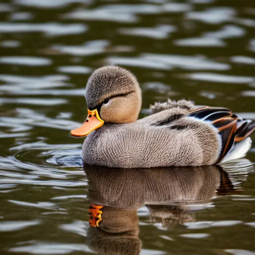 Image similar to extremely detailed photo of a duck wearing a fuzzy sweater, Sigma 80mm, cute