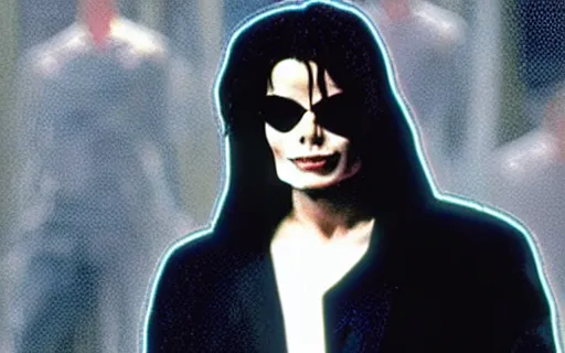 Image similar to Michael Jackson as Neo fighting Agent Smith, Still from The Matrix (1999)