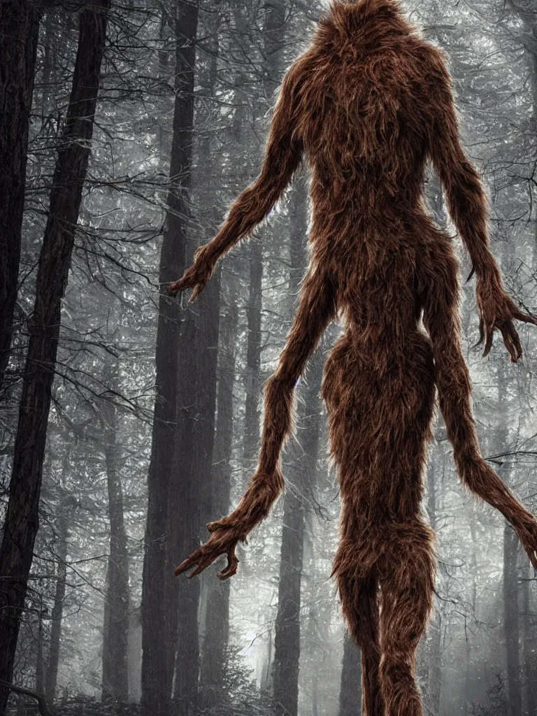 Image similar to standing photorealistic detailed tall skinny humanoid creature with fur, the woods, night, extremly detailed, 8 k, realistic, sharp focus, cosmic horror creature, cosmic horror, from the movie the thing