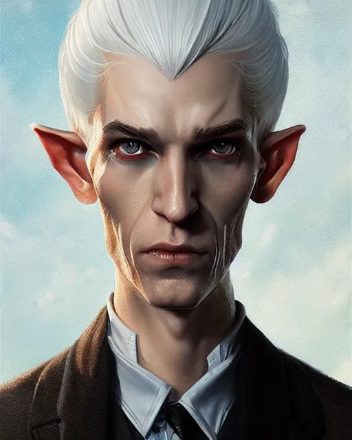 Image similar to character portrait of a slender half - elven man with white hair, piercing blue eyes and pale bluish skin, by greg rutkowski, mark brookes, jim burns, tom bagshaw, trending on artstation