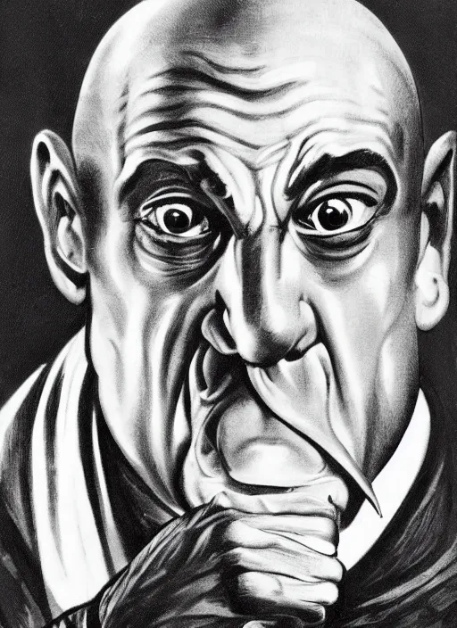 Image similar to portrait of glamorous bald medieval man with big nose and annoyed gesture,look of hate, threatening pose, 1940s propaganda poster, full hd,highly detailed