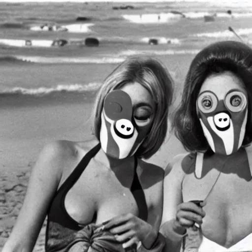 Image similar to 1969 twin women on tv show wearing an inflatable mask long prosthetic snout nose with googly eyes, soft color wearing a swimsuit at the beach 1969 color film 16mm holding a an inflatable hand Fellini John Waters Russ Meyer Doris Wishman old photo