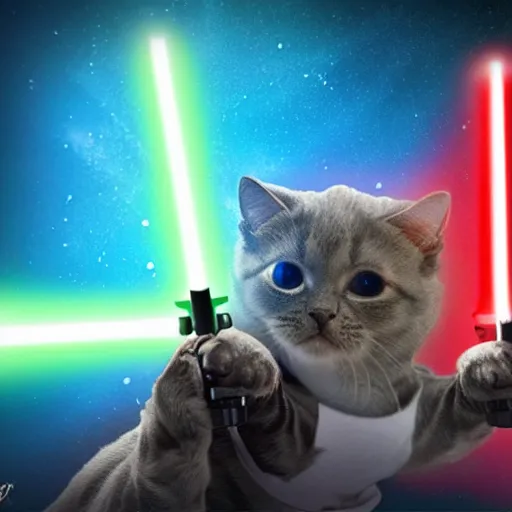 Image similar to Sith kitties in light saber battle with jedi puppies, high quality, detailed, digital art, 4K, OLED, shadows, reflections, Star wars background