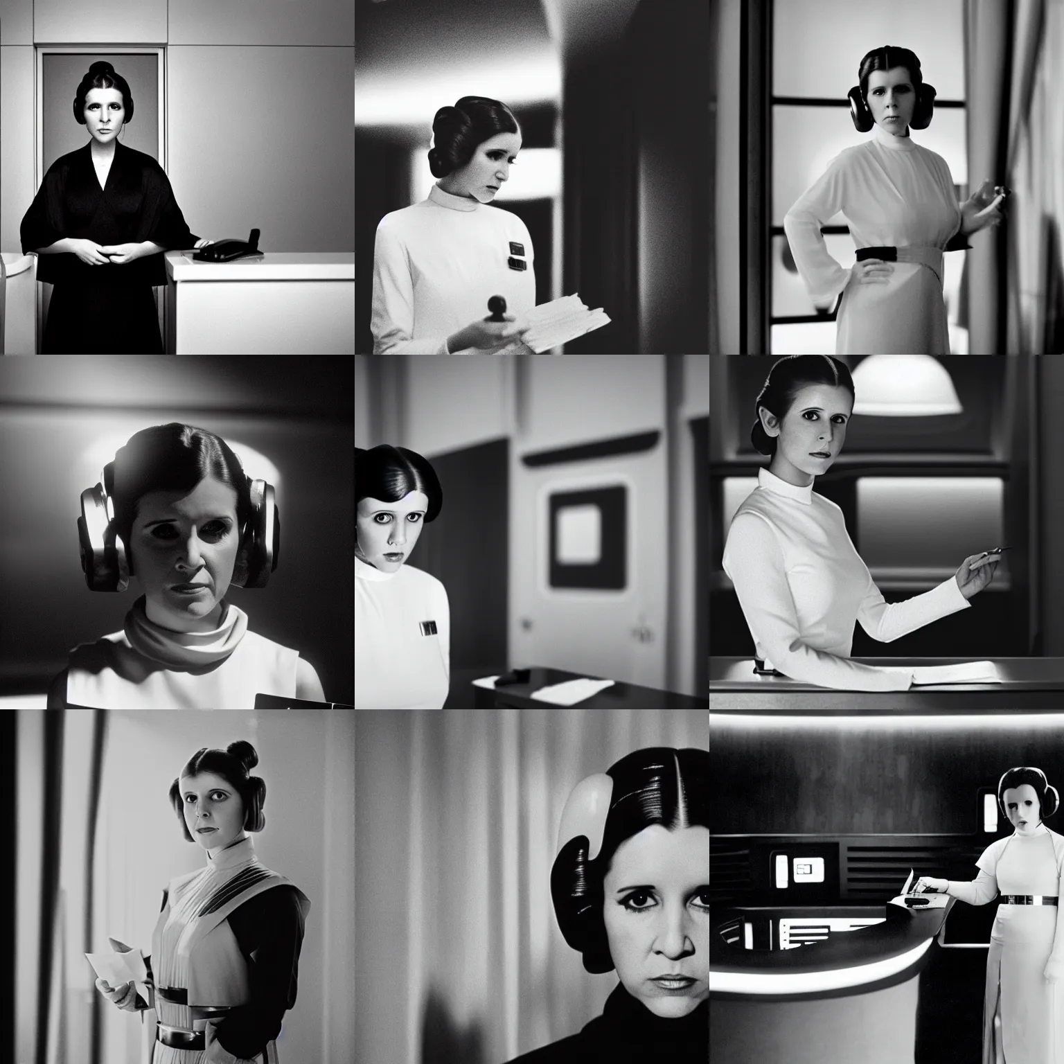 Prompt: princess leia working as a receptionist in a luxury hotel, 3 5 mm photograph, dramatic lighting, detailed