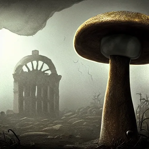 Image similar to a clockwork mushroom wanders through the wastes of an ancient city, photorealistic, ultra detailed, eerie lighting, foggy, deep shadows
