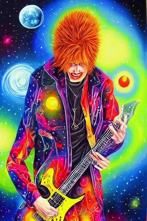 Image similar to beautiful detailed acrylic painting of a psychedelic and hardcore dave munstaine play music in the cosmos