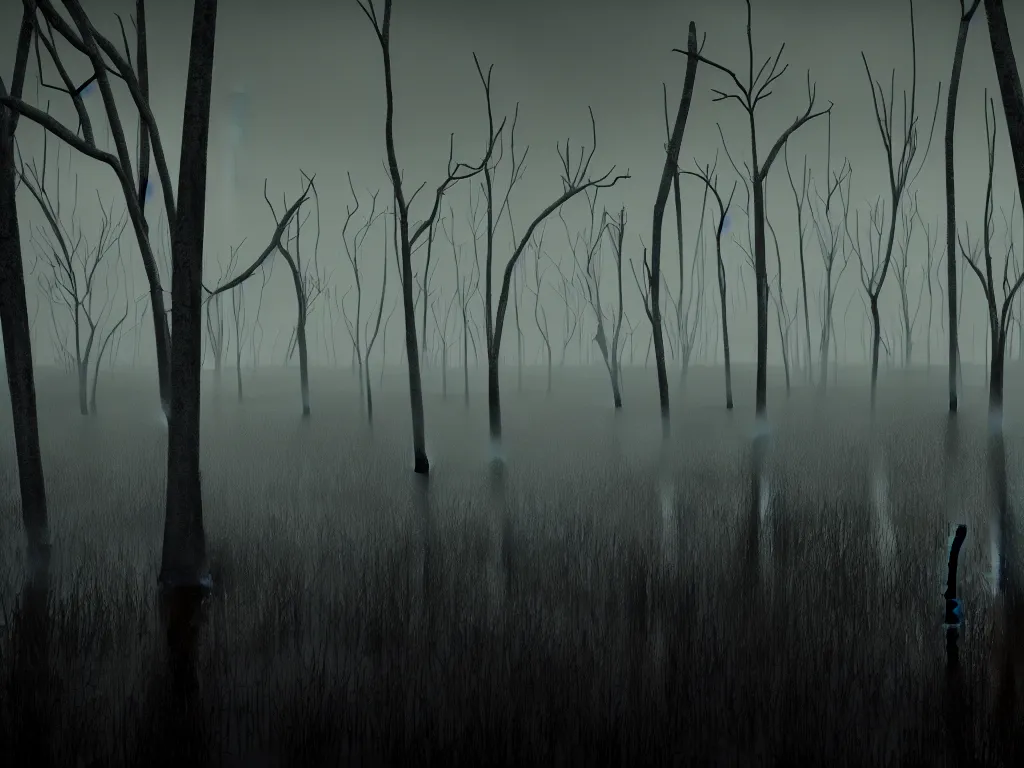 Prompt: photograph of a swamp at dusk, Photorealism, hyper-realism, spooky, haunting, abyssal, gloomy, dramatic lighting, highly detailed, 4k, cinematic atmosphere, octane render,