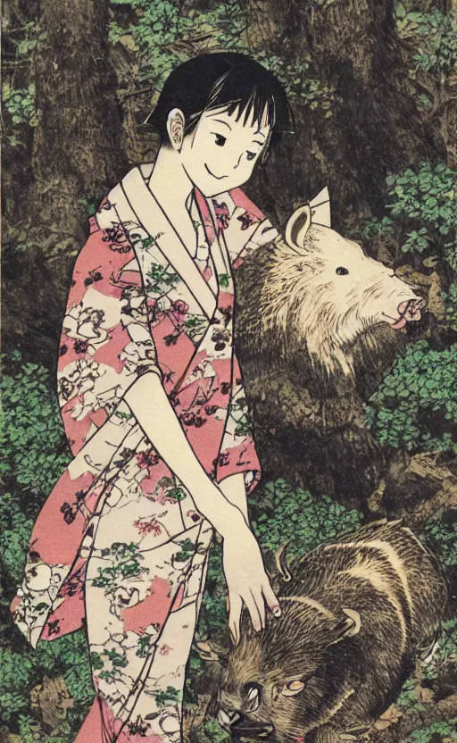 Image similar to by akio watanabe, manga art, friendly boar is curios about girl with brown hair sitting in forest, trading card front, kimono, realistic anatomy