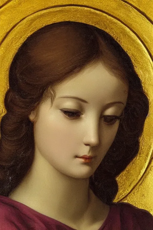 Image similar to Beautiful girl, calm face, closeup, ultra detailed, made in gold, Guido Reni style