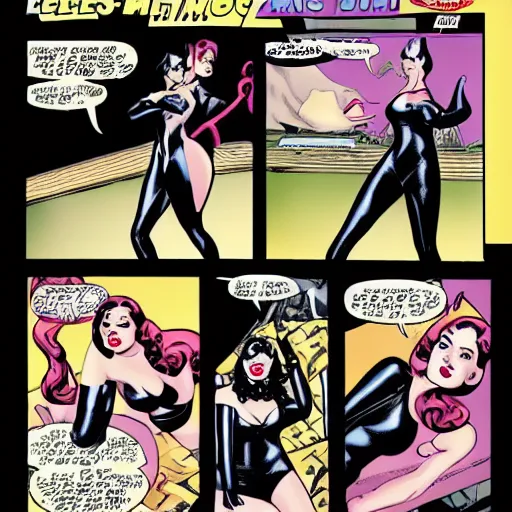 Prompt: a comicbook pane of Kat Dennings as Catwoman, silver age of comics