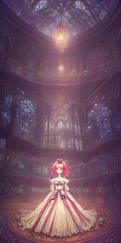 Prompt: the beautiful hyperdetailed physical rendering of a single rose wedding gothic lolita dress clothing design display in exhibition hall, perfectly shaded, atmospheric lighting, in the style of makoto shinkai raphael lacoste louis comfort tiffany stanley artgerm lau wlop rossdraws beeple, surrealistic style, 8 k hd, 3 drender