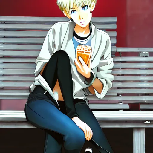 Image similar to anime cartoon of miley cyrus sat on a bench eating cheese, hyperrealism, award winning, stunning, trending on art station, highly detailed, cinematic lighting, 8 k, hd