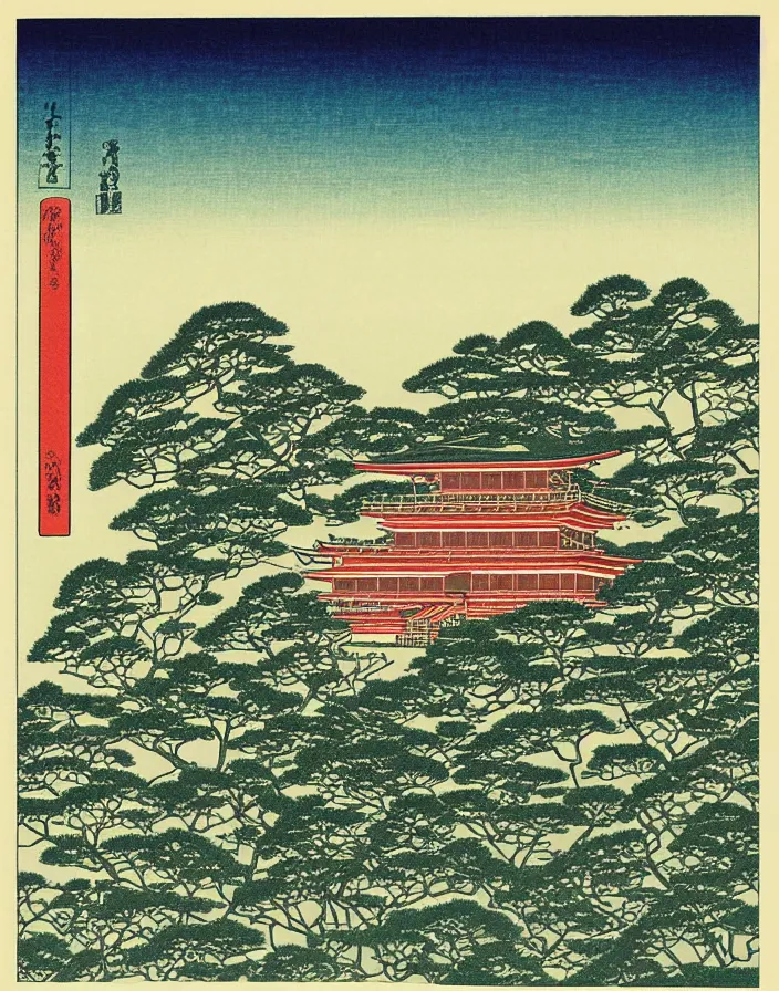 Image similar to a building in a stunning landscape japanese woodblock print by Hasui Kawase