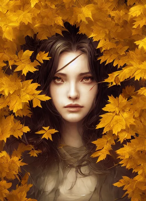 Image similar to golden leaves at frame border, creative!!! composition for a book cover, moon, beautiful portrait painting, a female witch absurdly beautiful, ultrafine hyperrealistic detailed face by wlop and artgerm and greg rutkowski, intricate linework, sharp focus, smooth, octopath traveler, final fantasy, unreal engine, dramatic lighting, ethereal, 8 k