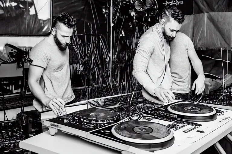 Image similar to gigachad as a dj, black and white photography, highly detailed