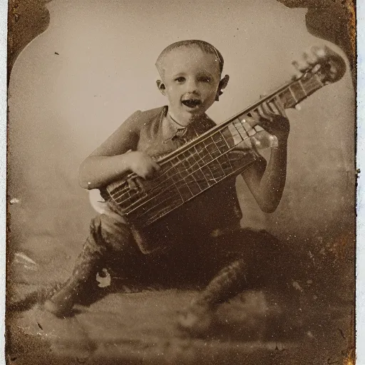 Image similar to A sepia-toned wet plate photograph, of a fox playing banjo, circa 1912, fox playing a banjo