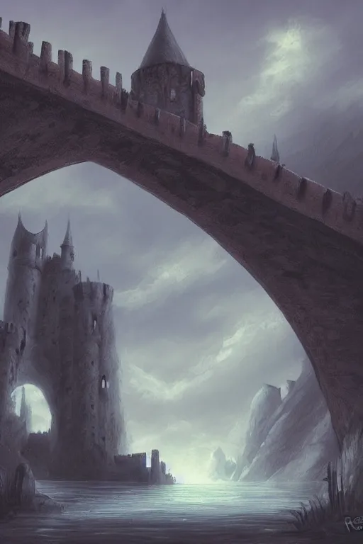 Prompt: hills bridge moat castle concept art gothic fantasy sky, andreas rocha style
