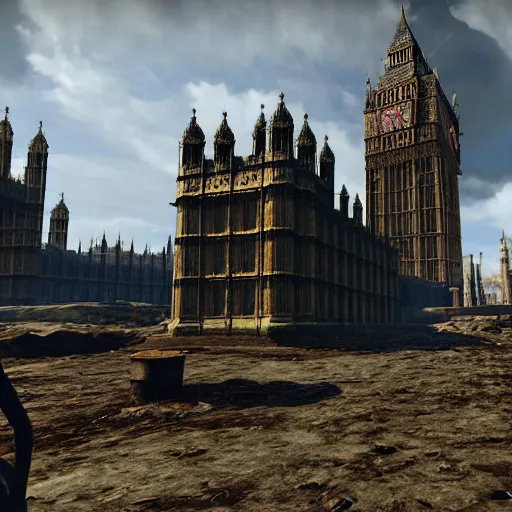 Image similar to Houses of Parliament, London in ruins post-nuclear war in Fallout 4, in game screenshot